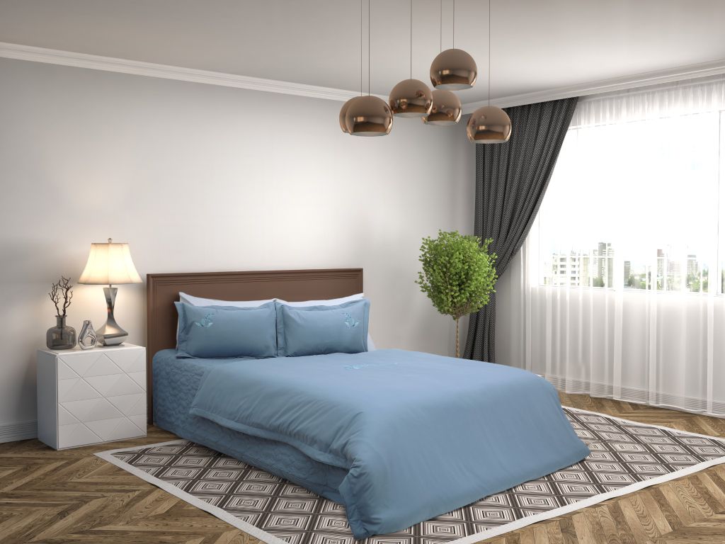 Chăn ga gối thêu Adore SH_AC25 202 ghi ánh xanh